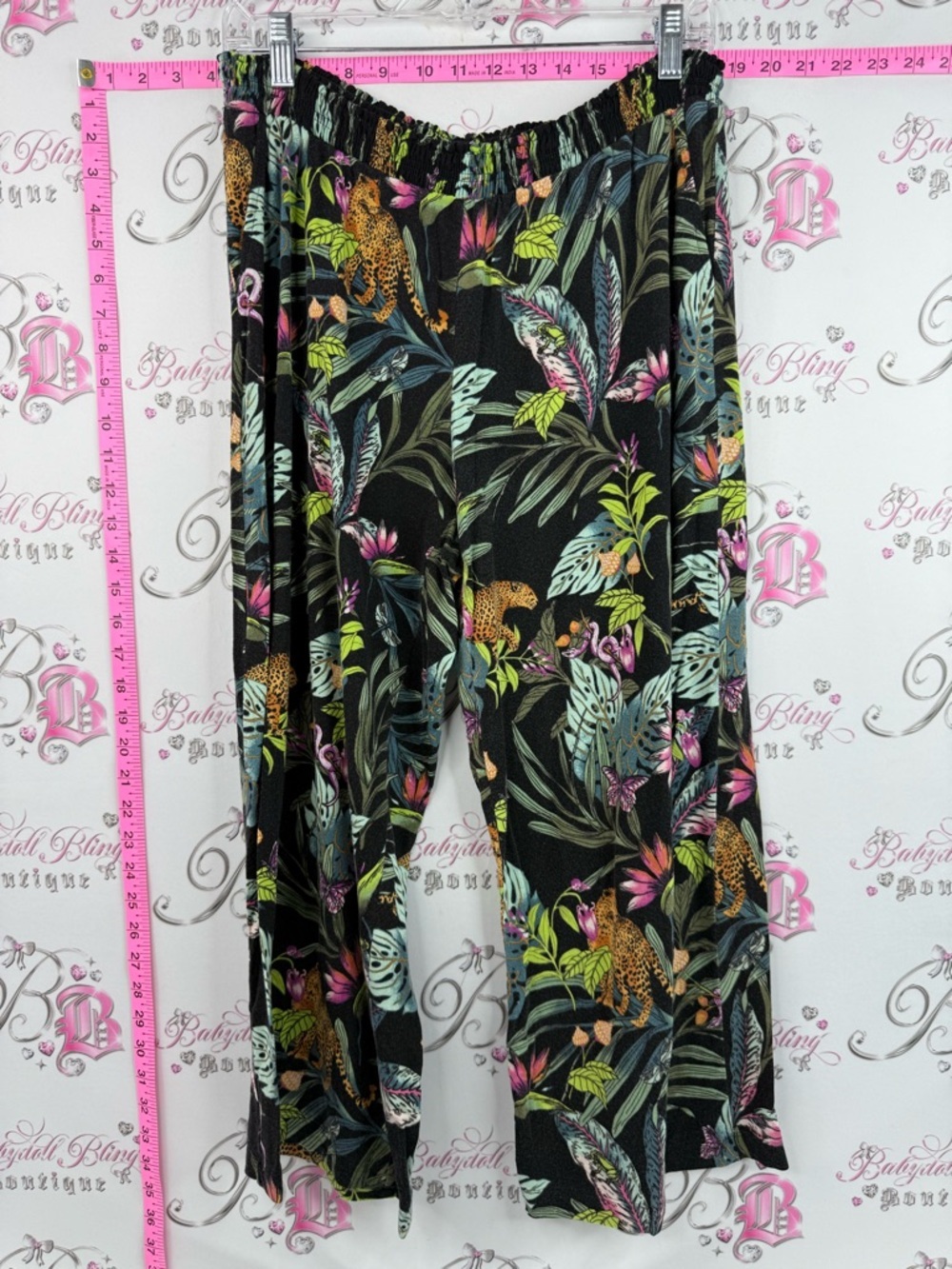 Soma pants Black Tropical Leopard Print Lounge Pants with Green & Pink Accents